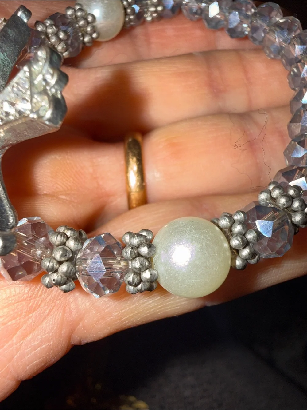 Crystal Beaded Cross Stretch Bracelet - Silver and Clear